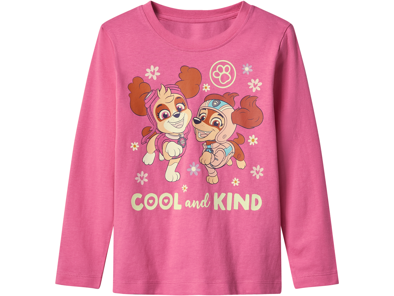Ružičasta majica dugih rukava s Paw Patrol printom i tekstom „COOL and KIND“.