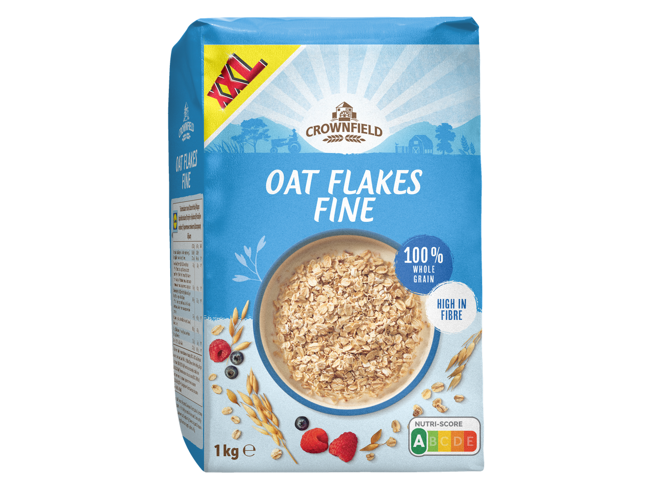 Crownfield XL finom zabpehely: 1 kg-os csomag 100% teljes kiőrlésű zabpehellyel, magas rosttartalommal.