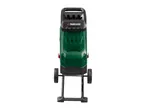 Green and black garden shredder with wheels, front view.