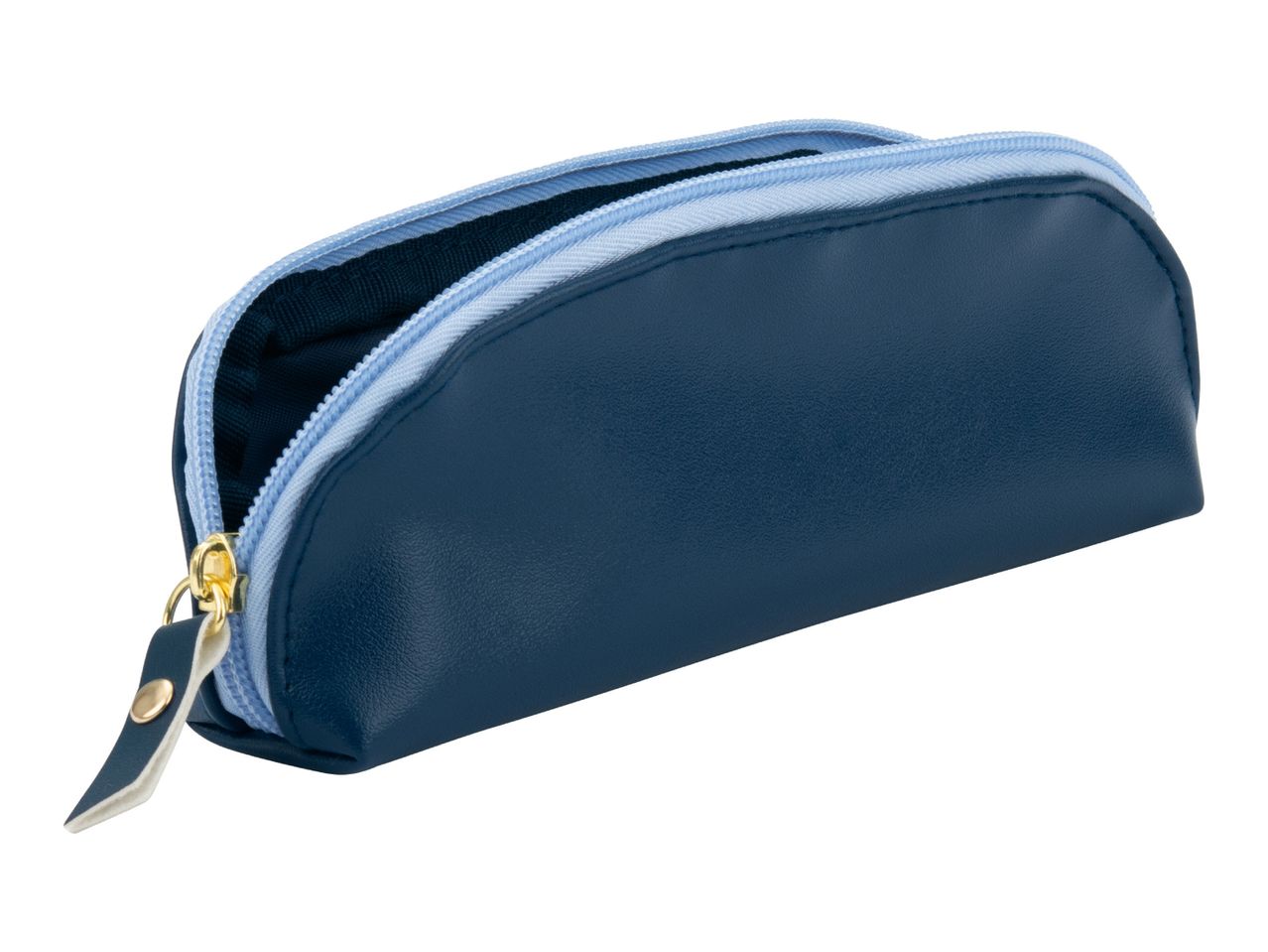 Open dark blue pencil case with a light blue zipper and a gold pull tab.
