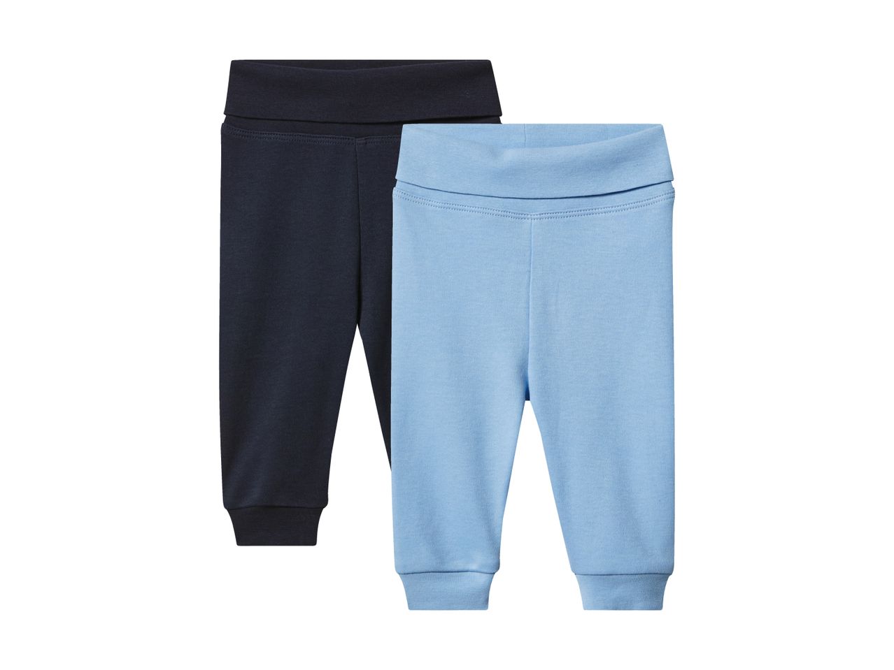 Two pairs of baby leggings, one dark blue and one light blue, with elasticated waistbands.