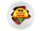 El Tequito Red Jalapeños with cream cheese in a clear plastic container.
