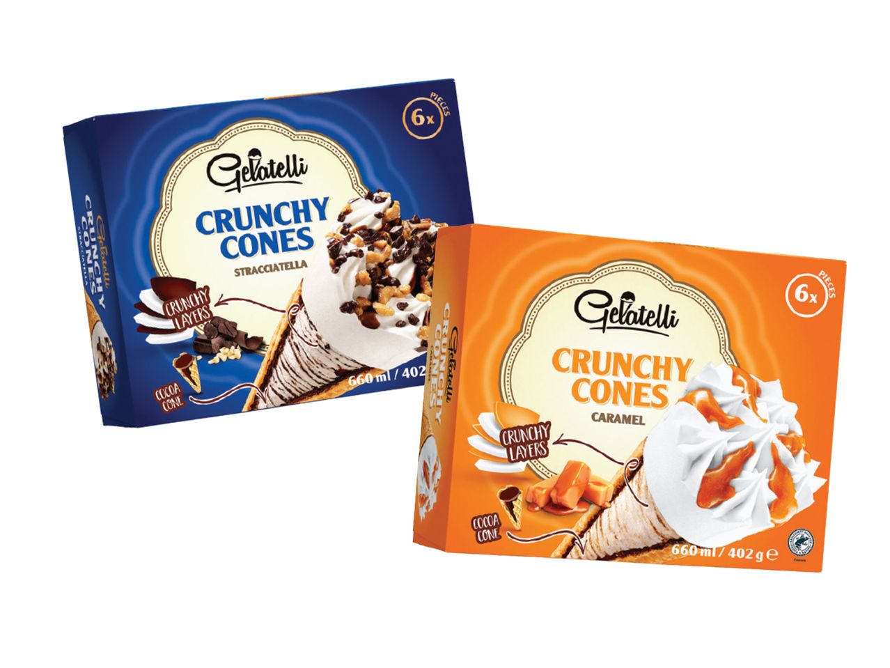Dve kutije Gelatelli Crunchy Cones sladoleda, jedna stracciatella i jedna karamel.