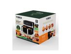A Tower 9 Litre Dual Basket Air Fryer box, highlighting its features and cooking capabilities.