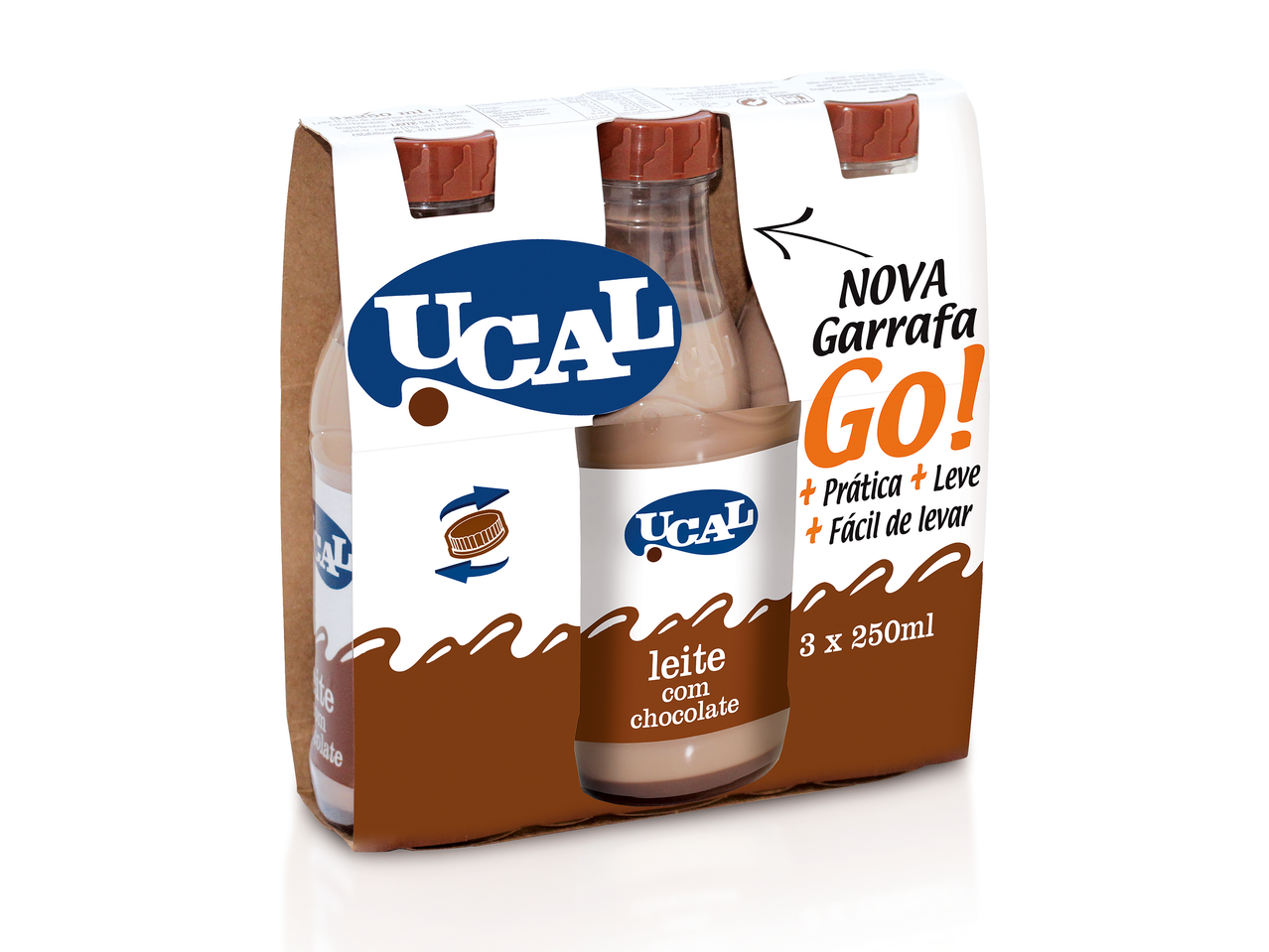 UCAL Choco Go! leite com chocolate em embalagem de 3x250ml, com novo design de garrafa.