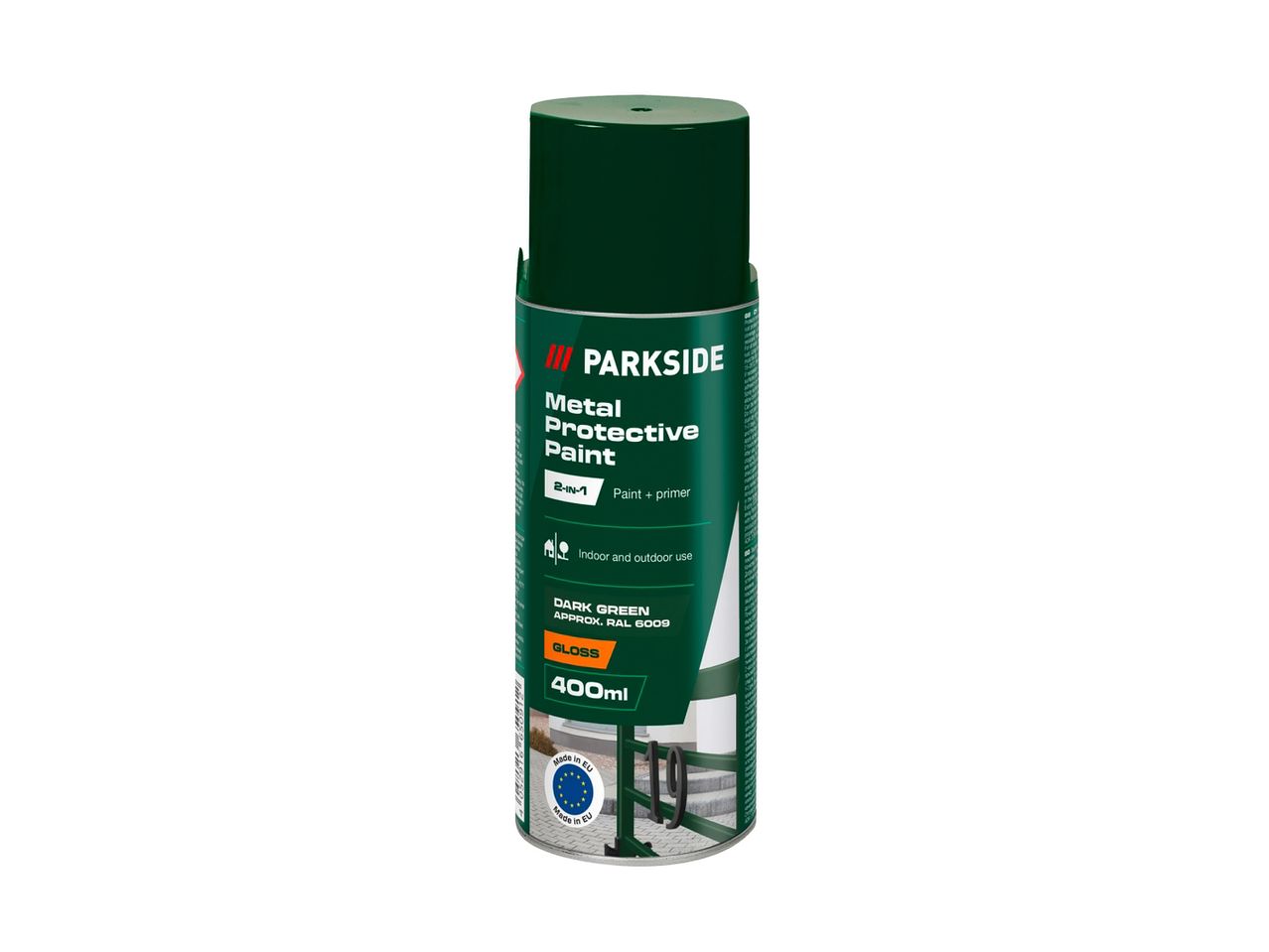 Σπρέι Parkside Metal Protective Paint σε σκούρο πράσινο, 400ml, για εσωτερική και εξωτερική χρήση.