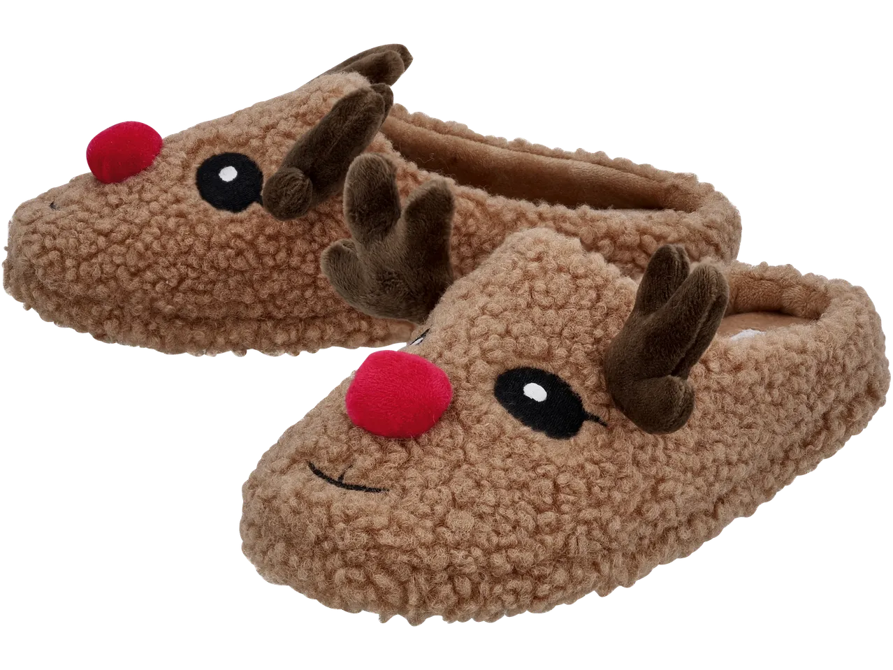 Esmara® moteriškos šlepetės: Rudos elnio šlepetės su raudona nosimi ir ragais.