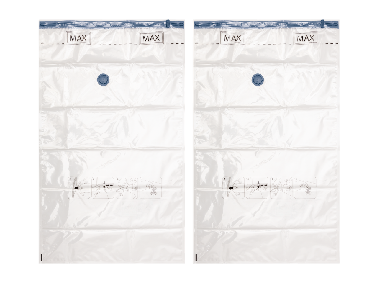 Two transparent vacuum storage bags with 'MAX' indicator and instructions for use.