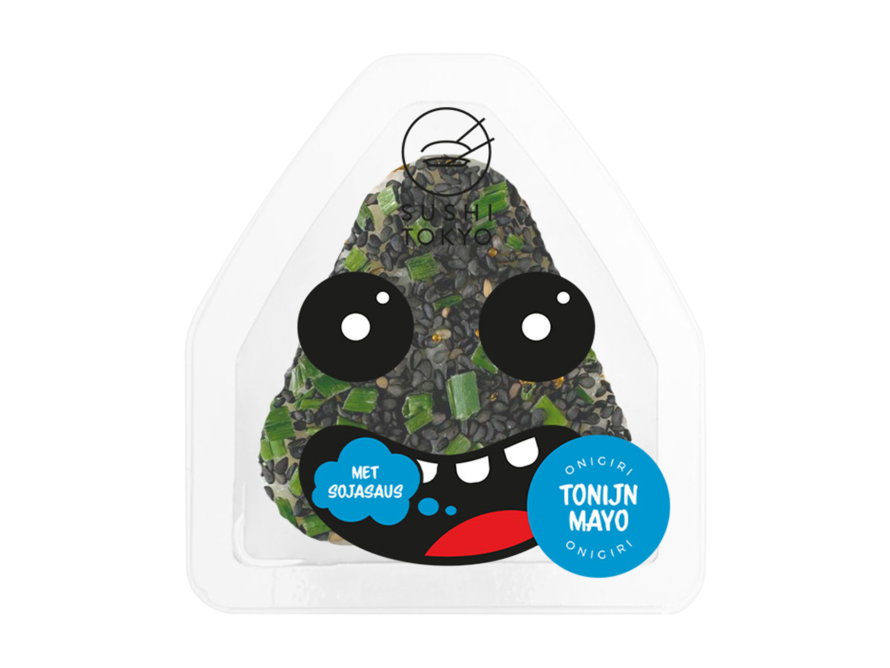 SUSHI TOKYO Onigiri met tonijnmayonaise en sojasaus in een grijze verpakking.