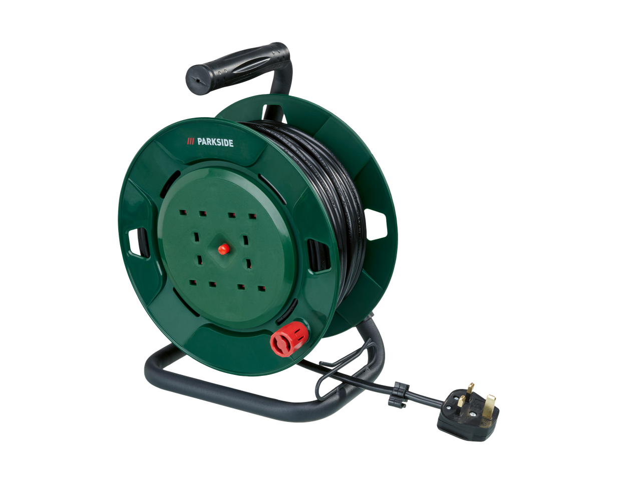 Πολύπριζο καλωδίου Parkside 4 θέσεων με μαύρο καλώδιο και βύσμα Ηνωμένου Βασιλείου.