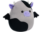 A gray and black Squishmallows plush toy with purple ears, a purple snout, and small black wings.