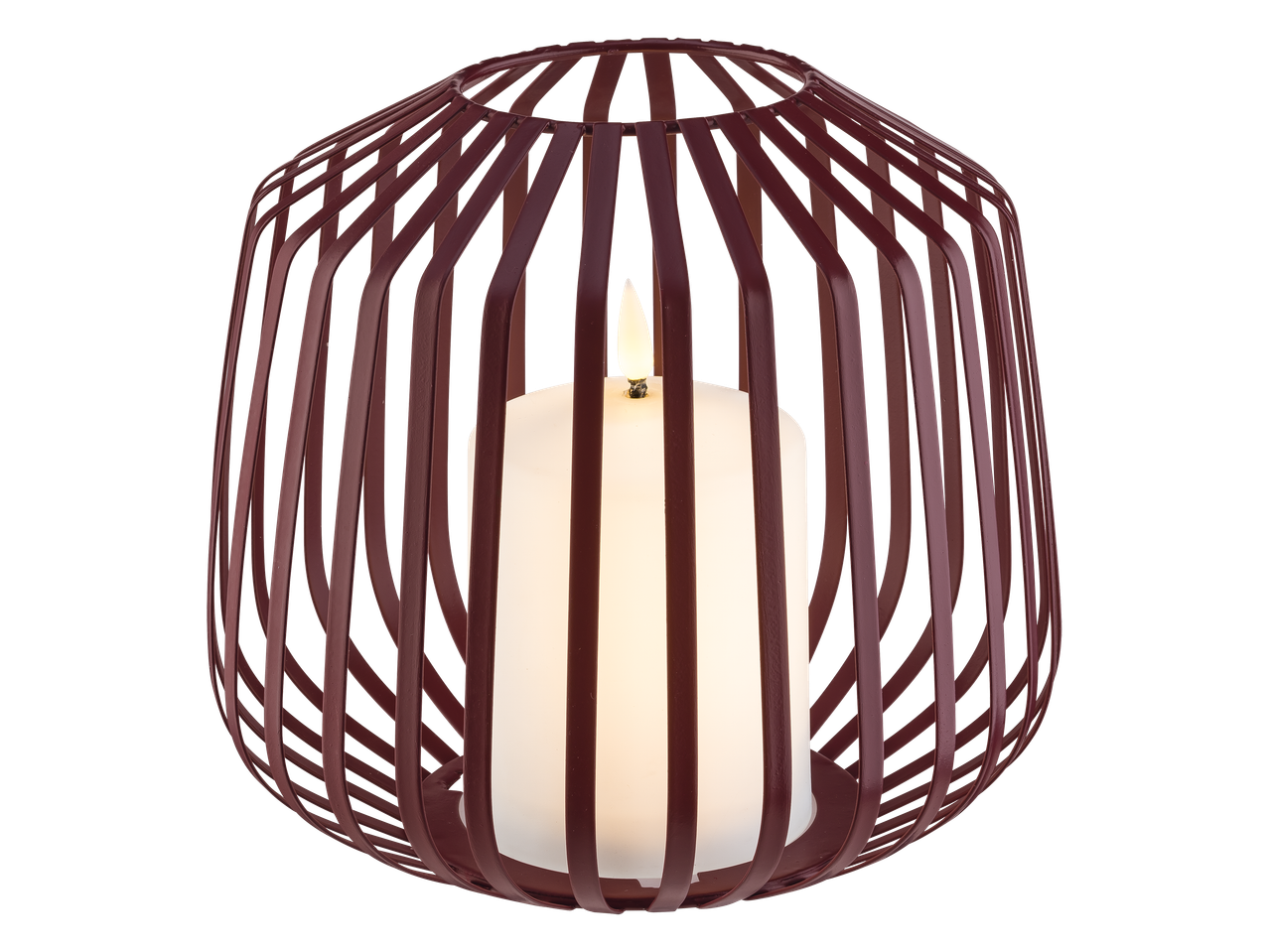 Lanterne décorative en métal marron avec une bougie LED blanche allumée à l'intérieur.