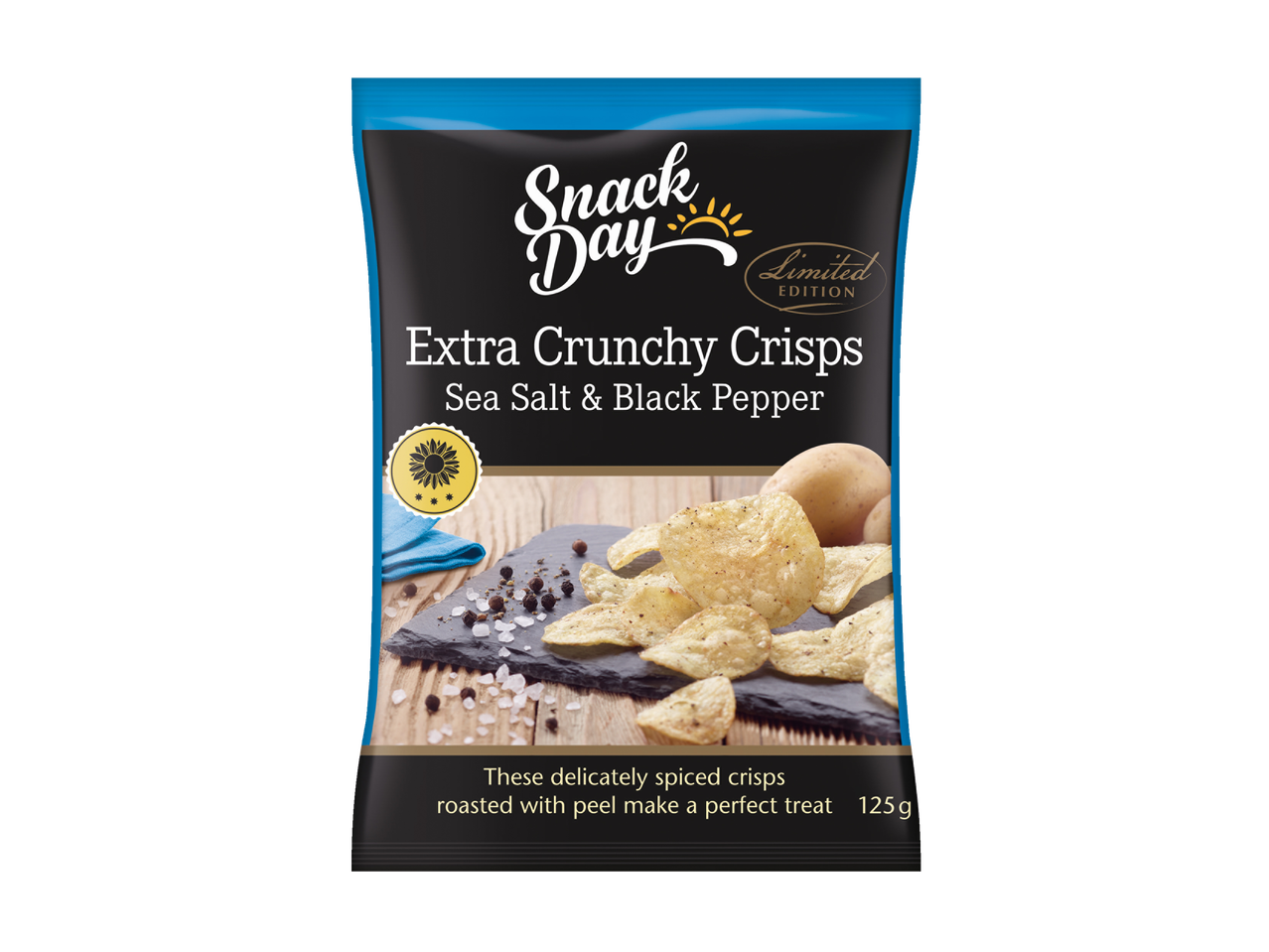 Snack Day: Īpaši kraukšķīgi čipsi ar jūras sāli un melniem pipariem, ierobežots izdevums.