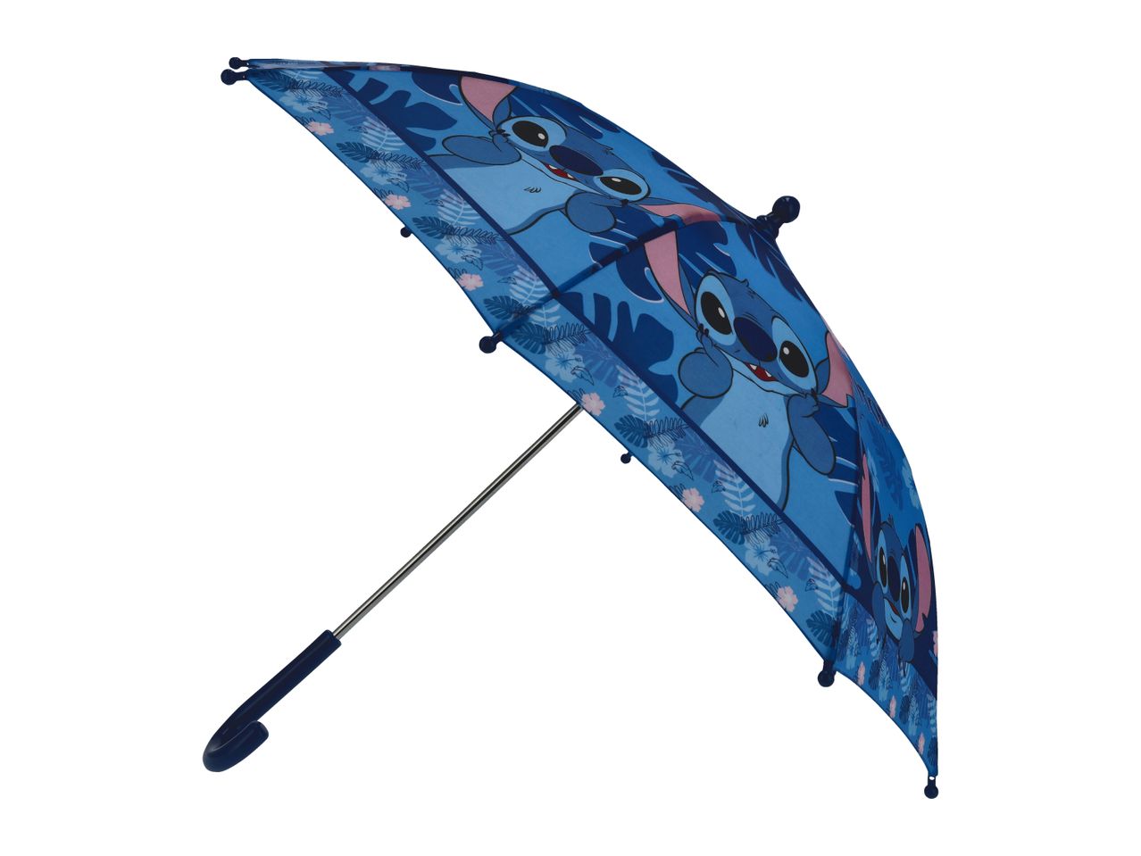 Blue Stitch umbrella with tropical leaf and flower patterns.