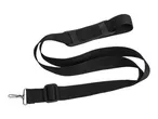 Black adjustable shoulder strap with a padded section and metal clip on a white background.