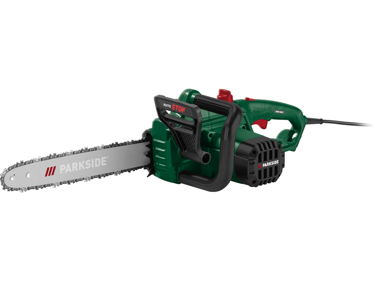 Zaļa un melna elektriskā motorzāģa ar uzrakstu 'AUTO STOP'.