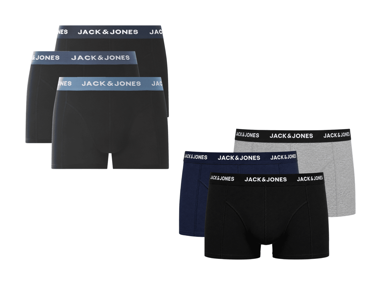 Dreierpack schwarze Boxershorts und Dreierpack Boxershorts in verschiedenen Farben mit Kontrastbund.