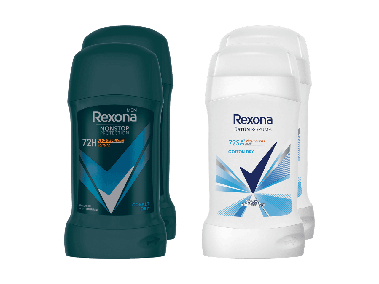 Rexona Herren-Deodorants, ein dunkelblaues und ein weißes, mit 72-Stunden-Schutz.