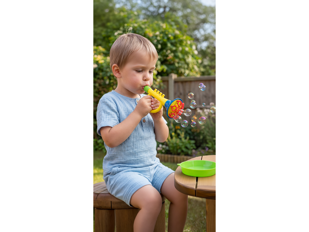 Lupilu Bubble Set: Toddler blowing bubbles with a yellow bubble trumpet in a garden.