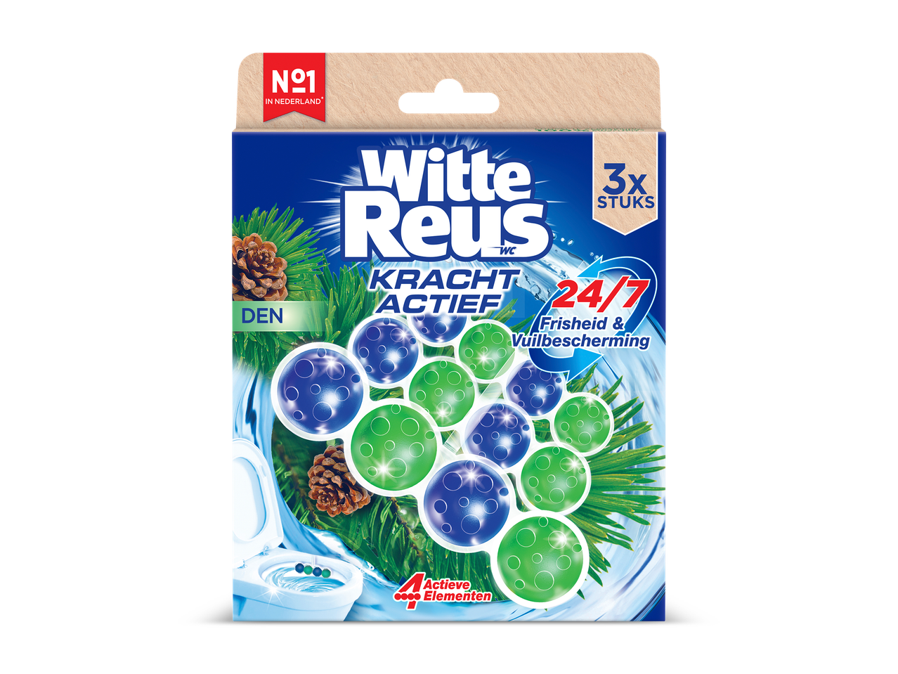 Verpakking van toiletblokken met dennengeur, met de tekst '3x STUKS' en '24/7 Frisheid & Vuilbescherming'.