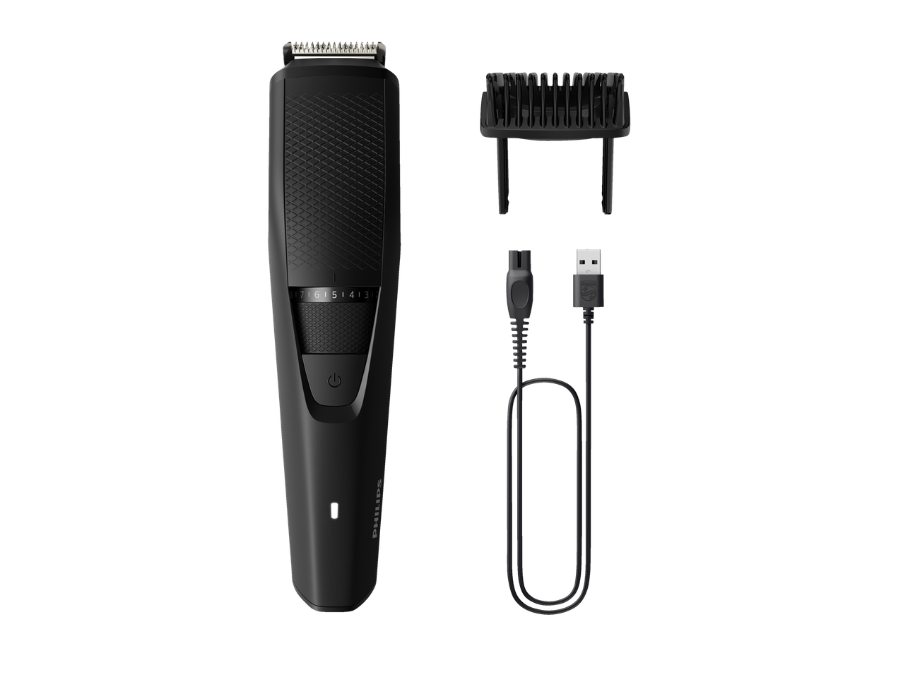 Philips baardtrimmer „Series 3000” met kamopzetstuk en USB-kabel.