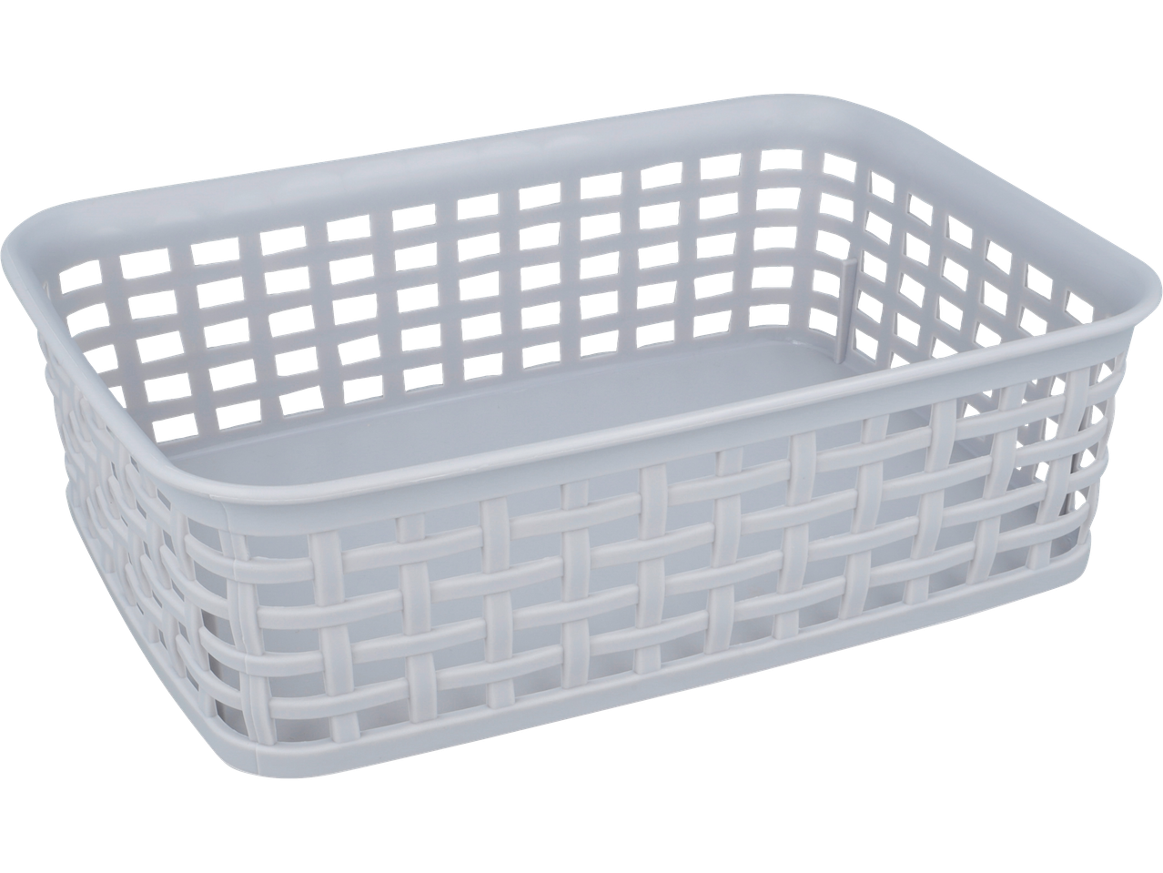 White rectangular plastic storage basket with a woven pattern