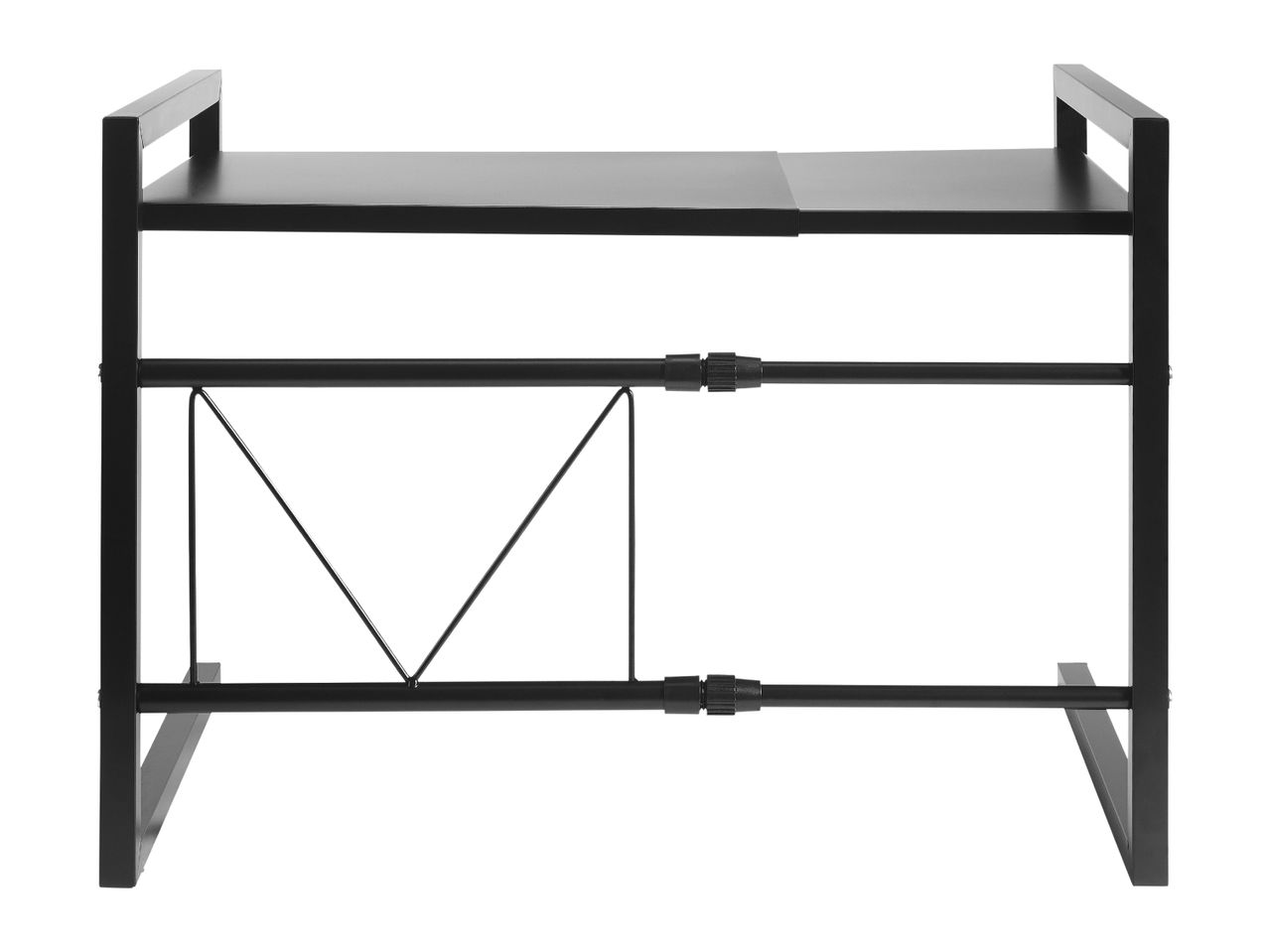 Black metal extendable microwave oven rack with a shelf and side supports.
