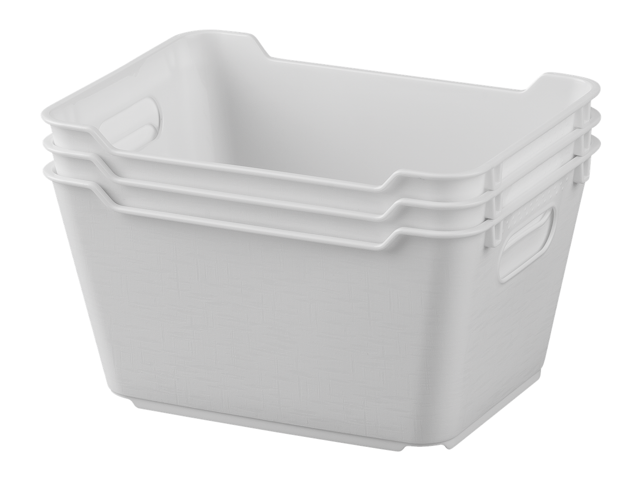 Trīs baltas plastmasas kastes, sakrautas viena uz otras.
