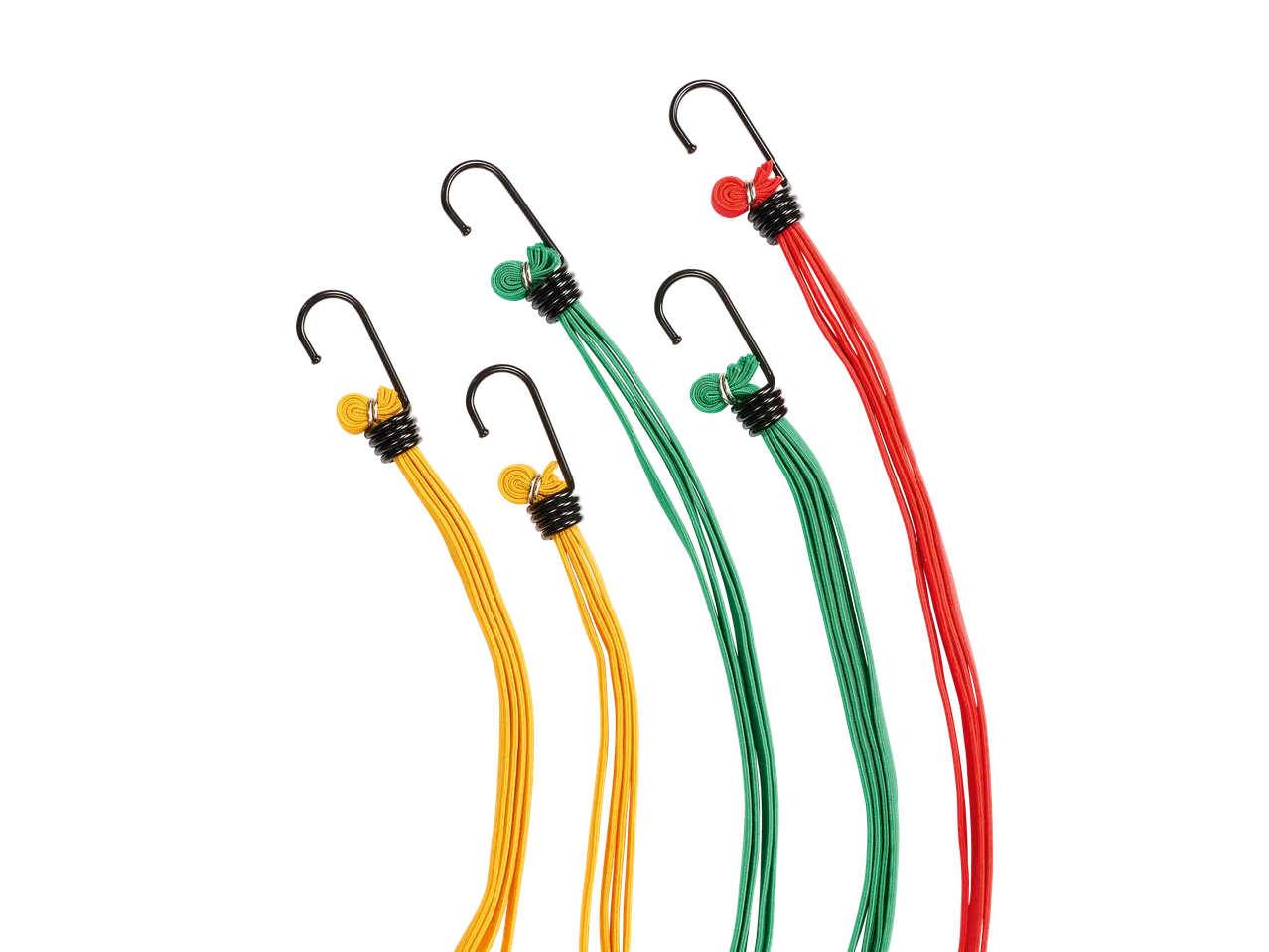 Five colorful bungee cords with hooks.