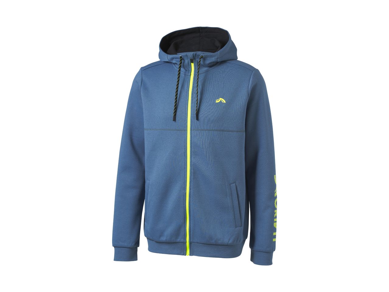 Blue hooded sweatshirt with a neon yellow zipper and drawstring, and a small yellow logo.