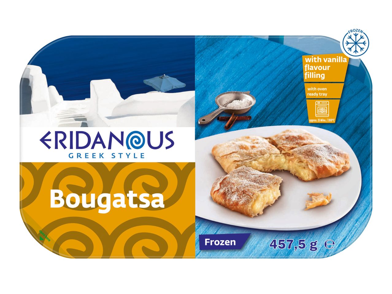 Eridanous Greek Style Bougatsa with vanilla flavour filling, frozen, 457.5g.