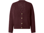 Bordo spalvos megztas kardiganas su sagomis ir ažūrinėmis detalėmis.