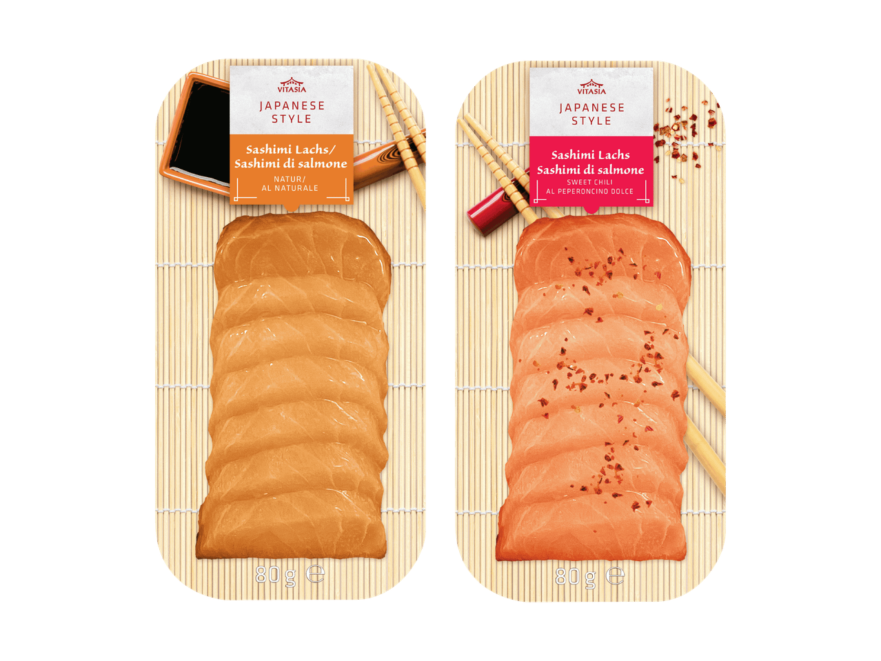 Deux paquets de sashimi de saumon, l'un nature et l'autre au piment doux.