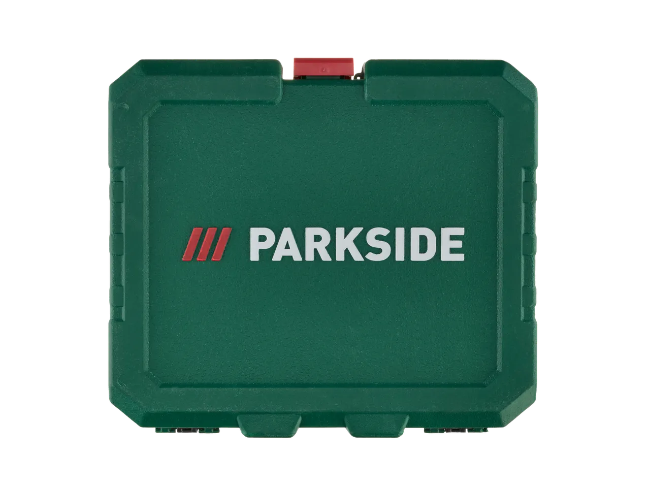 Πράσινη εργαλειοθήκη Parkside με κόκκινα και λευκά λογότυπα