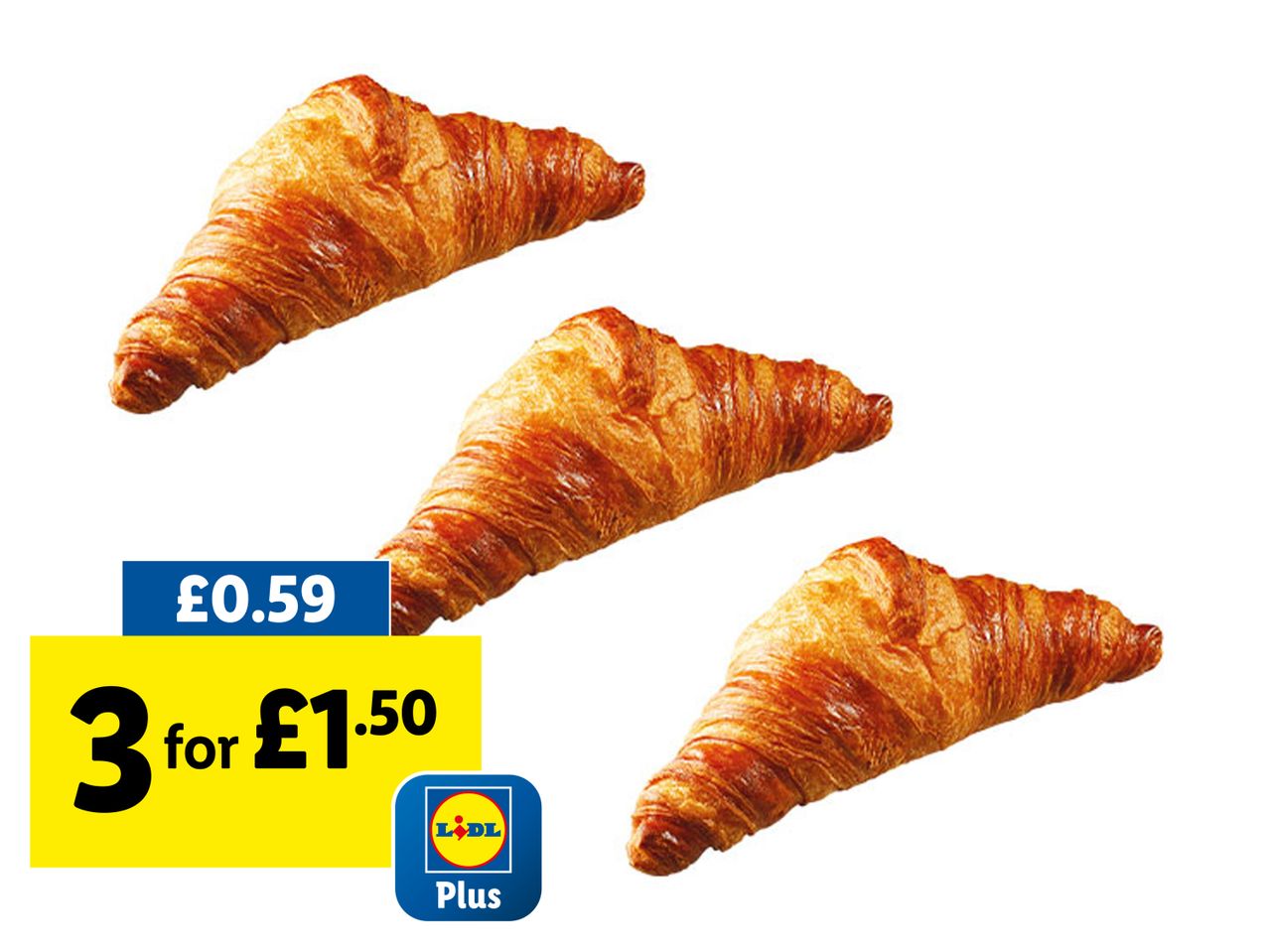 Three Lidl Plus croissants for £1.50, or £0.59 each.
