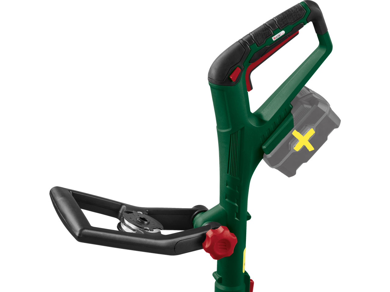 Close-up de um aparador de relva sem fios verde e preto com bateria