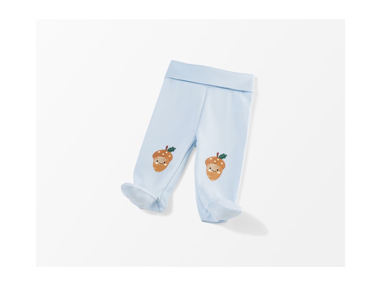 Light blue baby footed pants with cute acorn illustrations.