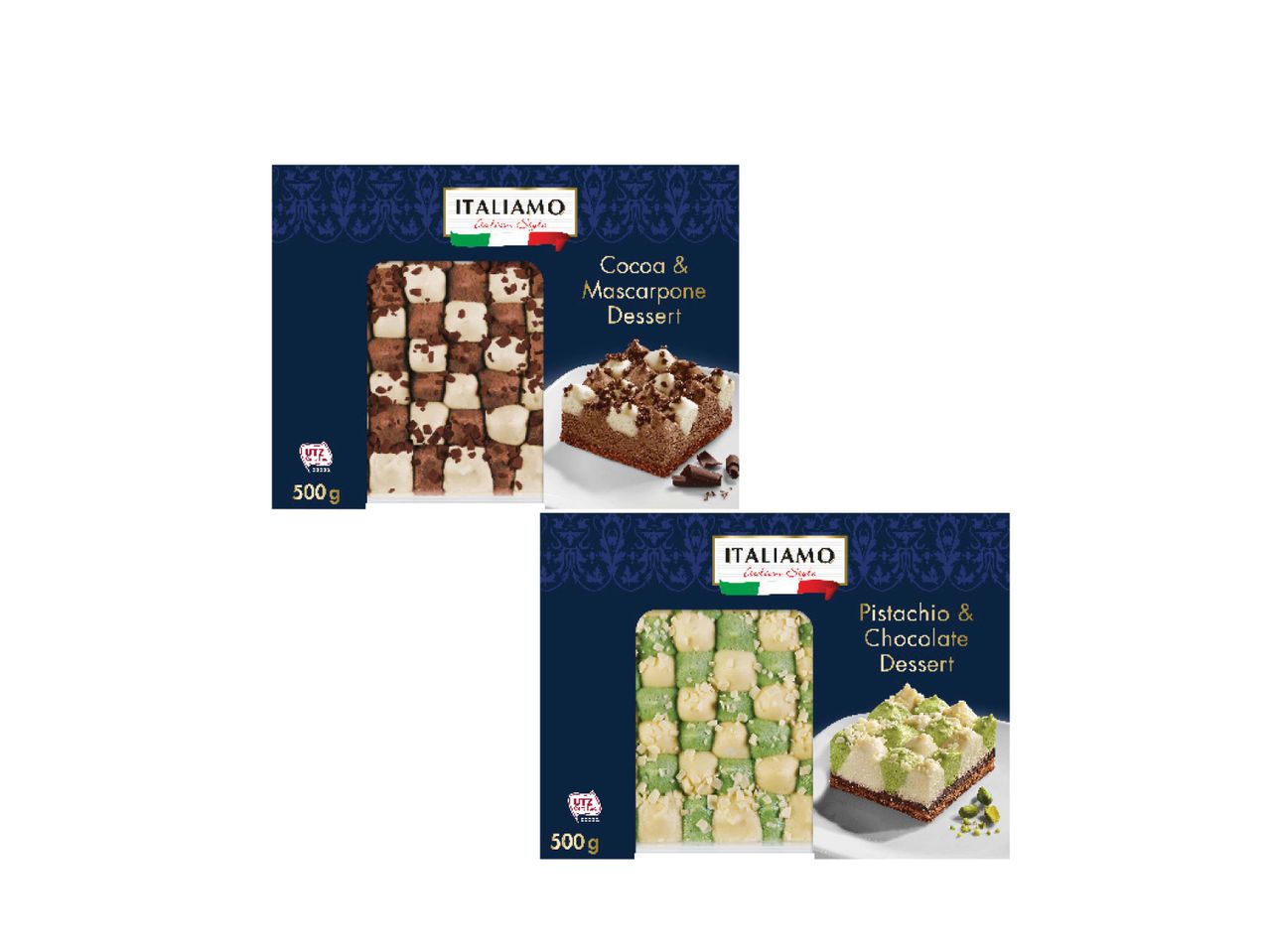 Itališkas kakavos ir maskarponės bei pistacijų ir šokolado desertas, 500 g.