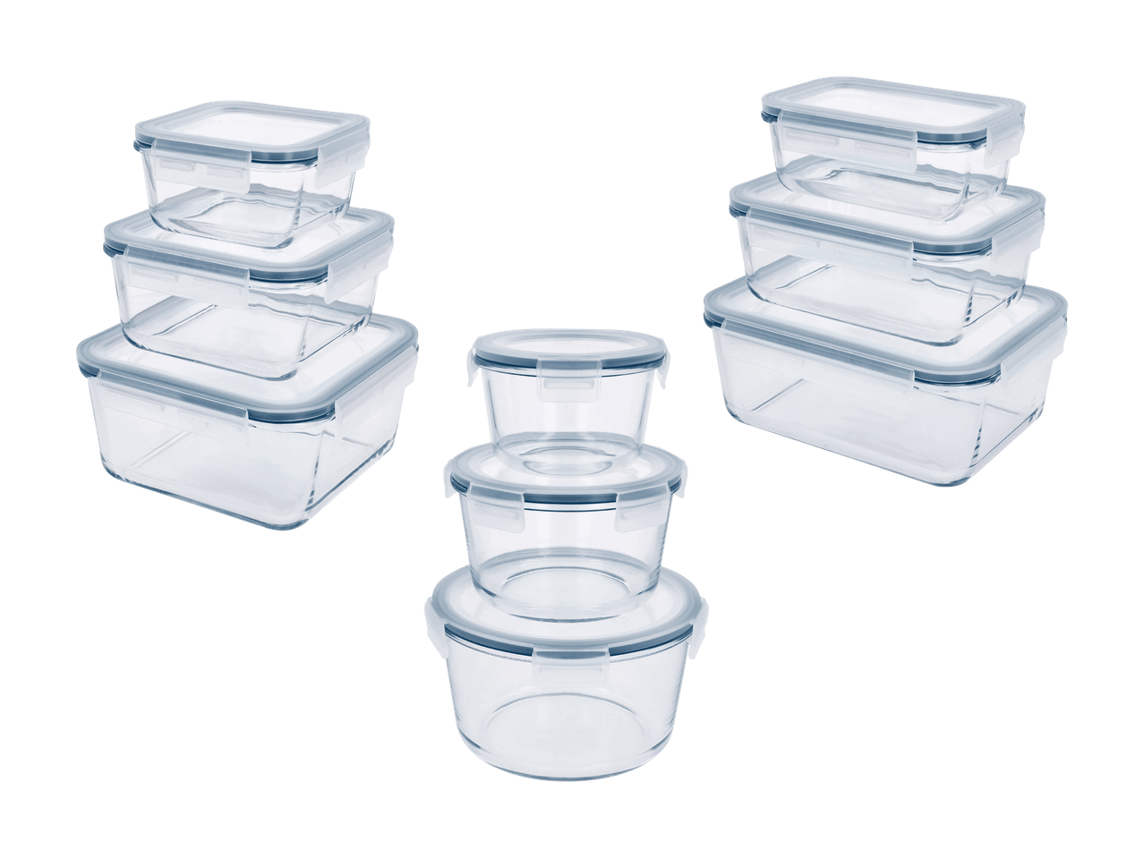 Boîtes de conservation en verre empilables, rectangulaires et rondes, avec couvercles hermétiques.
