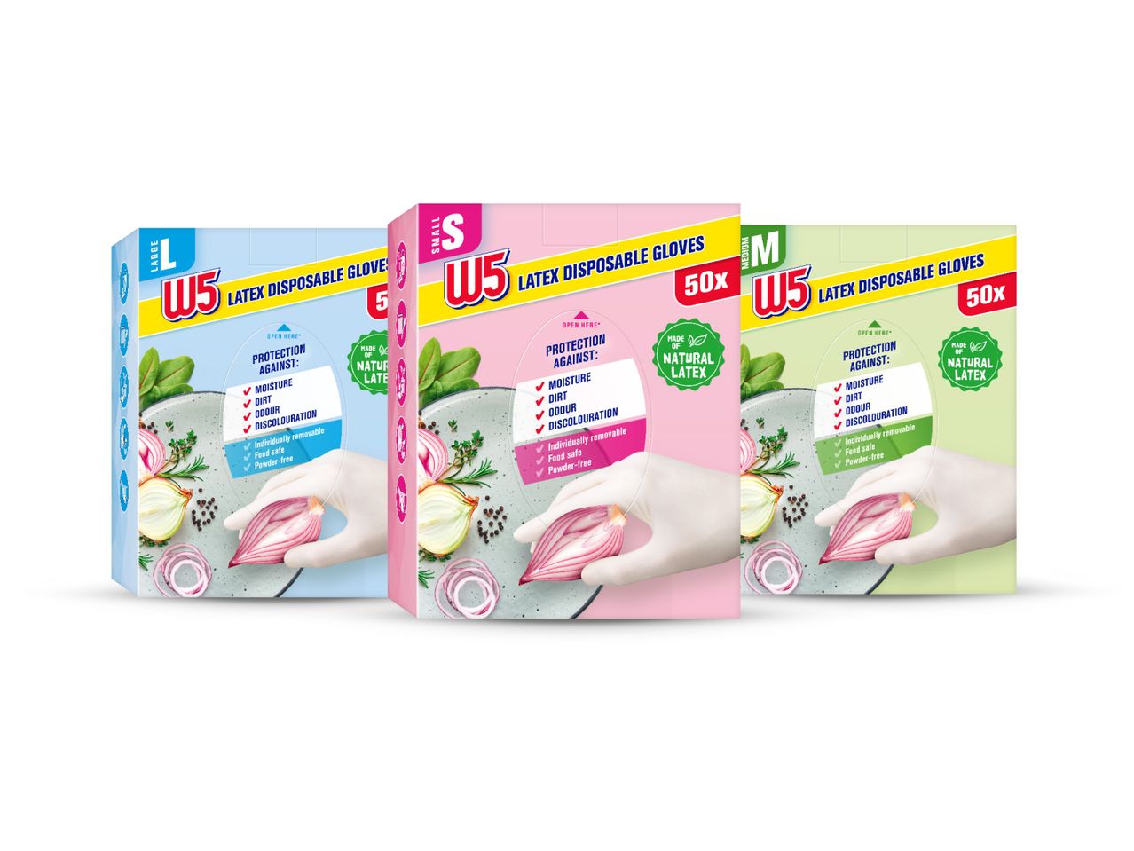 Tri kutije W5 lateks rukavica u različitim veličinama (L, S, M) i bojama (plava, ružičasta, zelena).