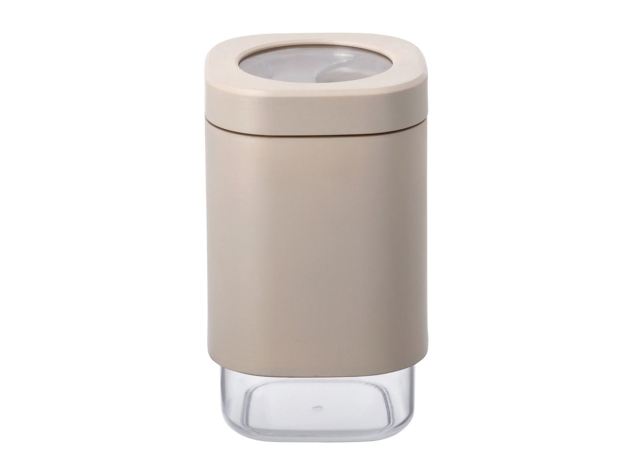 Beige and clear plastic spice jar with a square base and rounded corners.
