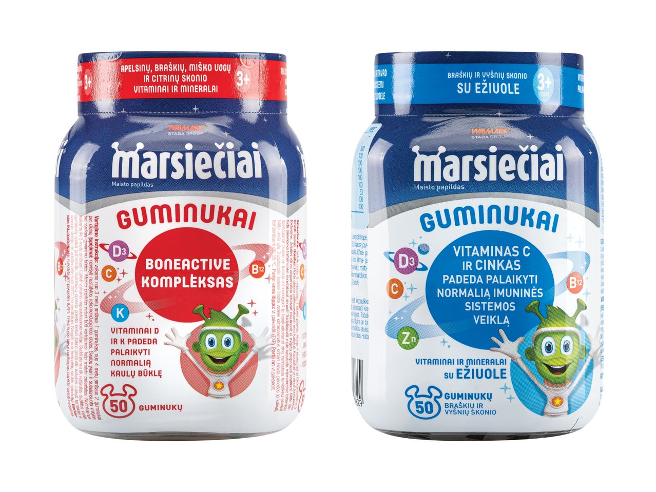 Du „Marsiečiai“ maisto papildų buteliukai su vitaminais ir mineralais, skirti vaikams nuo 3 metų.