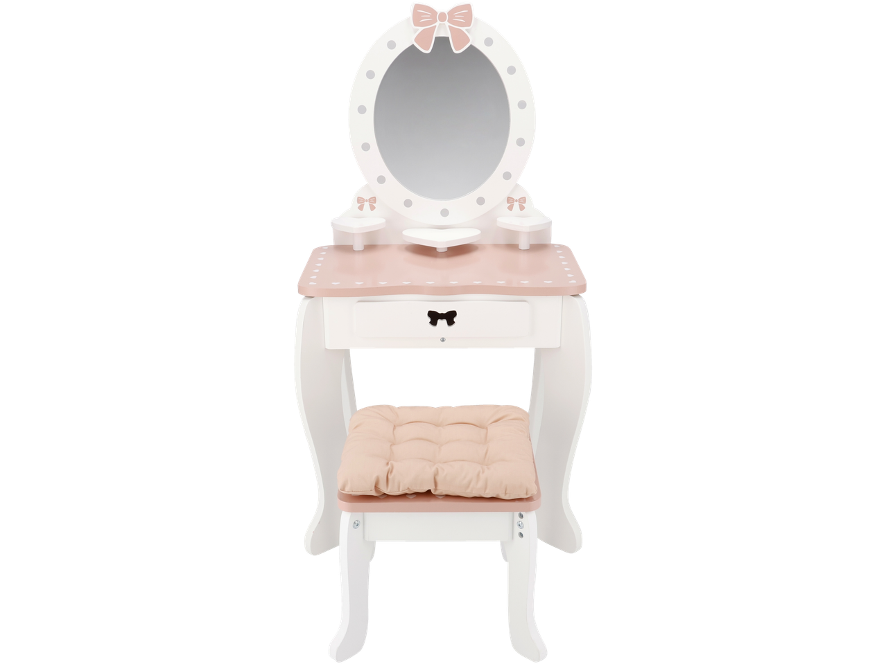 Lupilu wooden dressing table with mirror and stool, featuring pink accents and bows.