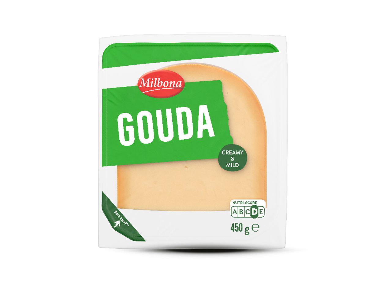 Pakiranje Milbona Gouda sira, kremastog i blagog, težine 450g, s Nutri-Score oznakom.