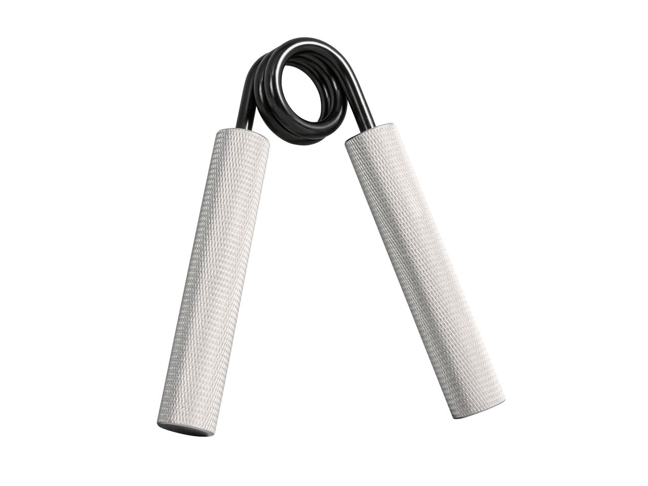 A hand gripper with white textured handles and a black spring.