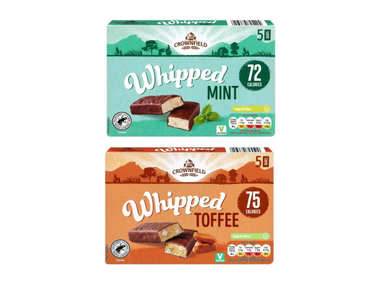 Two boxes of whipped bars, one mint flavored with 72 calories and one toffee flavored with 75 calories.