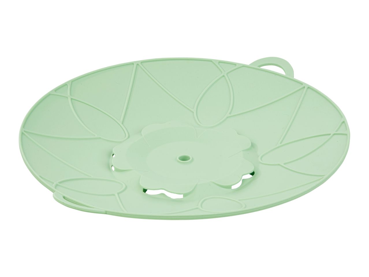 A light green oval-shaped plastic dish drainer with a decorative design.