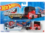 Toy school bus and truck with trailer, featuring a cartoon apple and city graphics.
