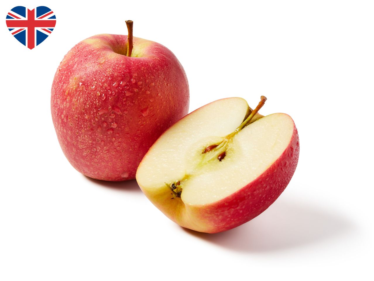 A whole red apple and a half-cut red apple with water droplets, next to a heart-shaped Union Jack flag.
