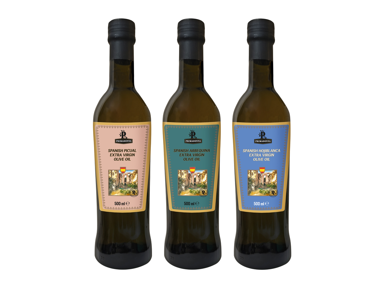 Kolme pulloa espanjalaista ekstra-neitsytoliiviöljyä: Picual, Arbequina ja Hojiblanca, 500 ml.